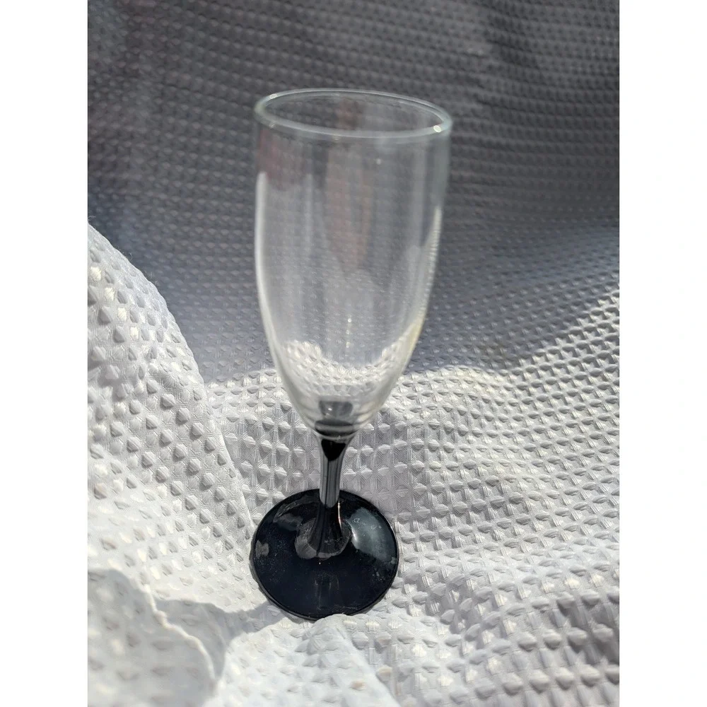 Black Stem Champagne Flute Wine Glasses Set of 2 Luminarc Domino France Vtg